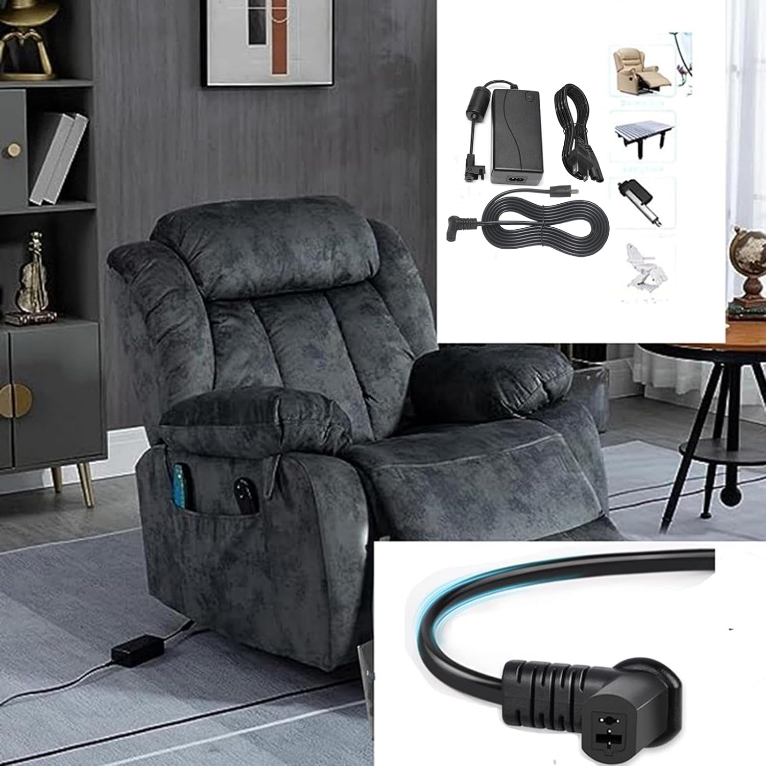 Universal 2-Pin Power Cord for Recliners with Extension Cable