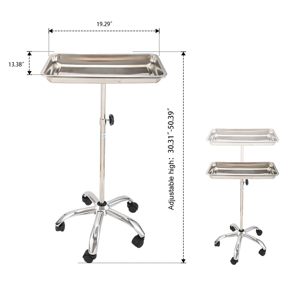 Upgraded Mayo Instrument Stand with Mobile 5 Caster Base Mobile Medical Doctor Tattoo Spa Salon Service Instrument Procedure Trays with Lift Out Work Tray