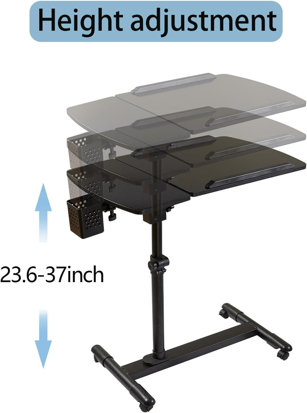 Tilting Overbed Table with Wheels,Height Adjustable over Bed Bedside Desk with 2 Tilting Desktops, Mobile Laptop Table Stand Desk Rolling Computer Cart Medical for Hospital Home Sofa (Black)