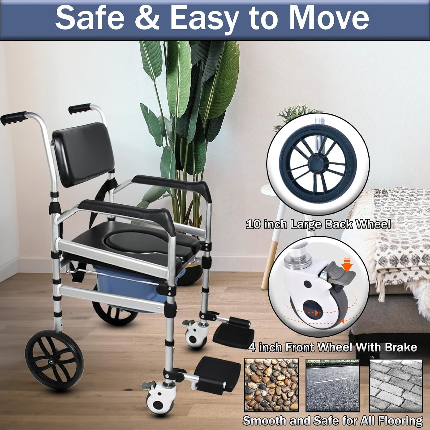 Folding Commode with Wheels - Padded Shower Chair