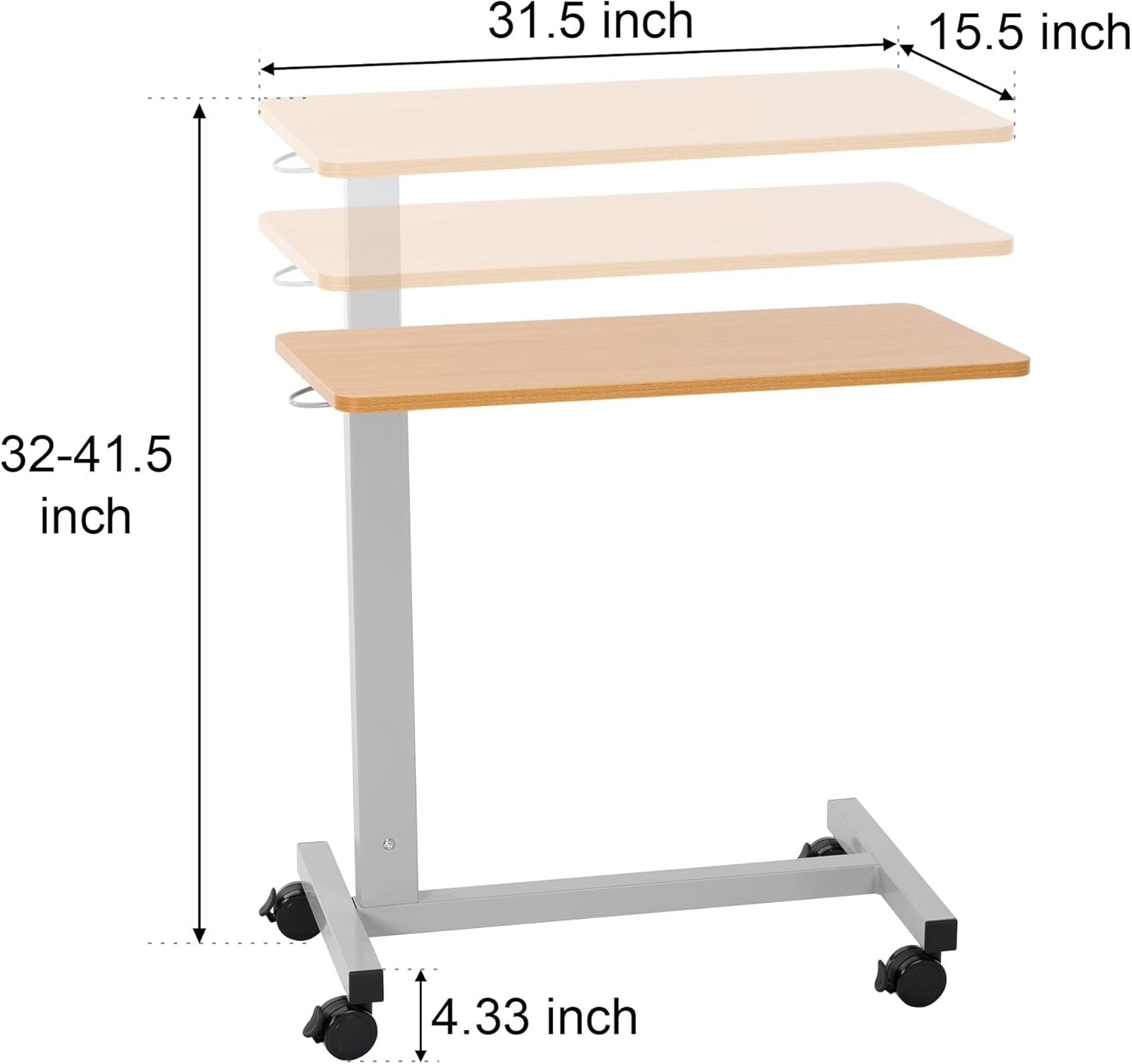 Heavy Duty Height Adjustable Overbed Bedside Table Movable with Wheels for Hospital and Home Care Use