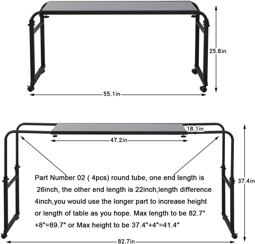 Overbed Table with Wheels Overbed Desk over Bed Desk King Queen Bed Table Overbed Laptop Table over Bed Table with Wheels(Black)