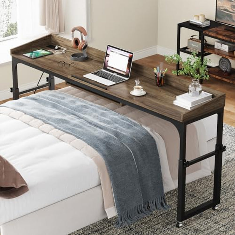 Overbed Table with Wheels Adjustable Height, Portable Rolling Table with Outlets & USB Ports for Queen Bed, Giant Computer Desk with Tilt Stand