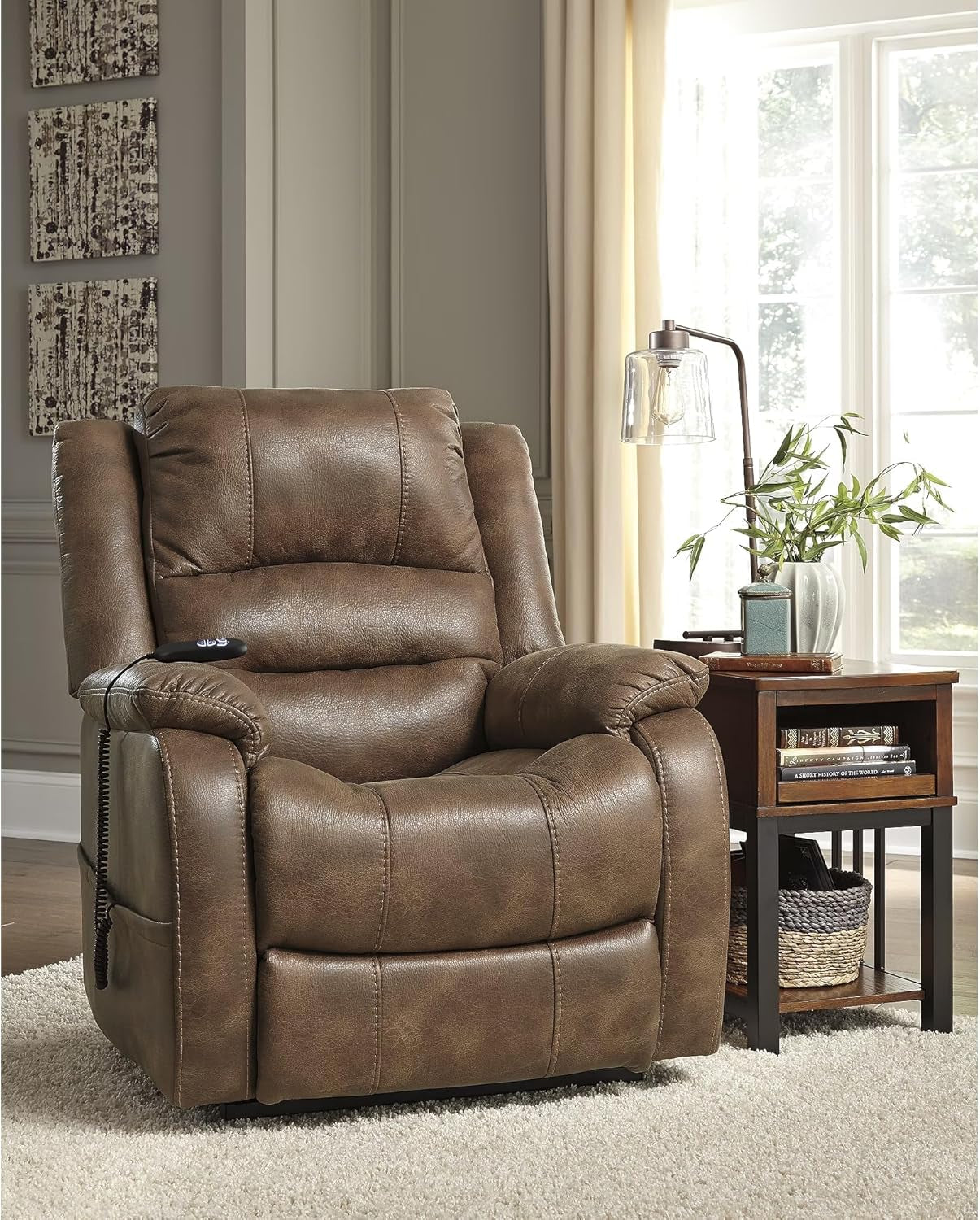 Ashley Yandel Faux Leather Electric Power Lift Recliner for Seniors (Brown)