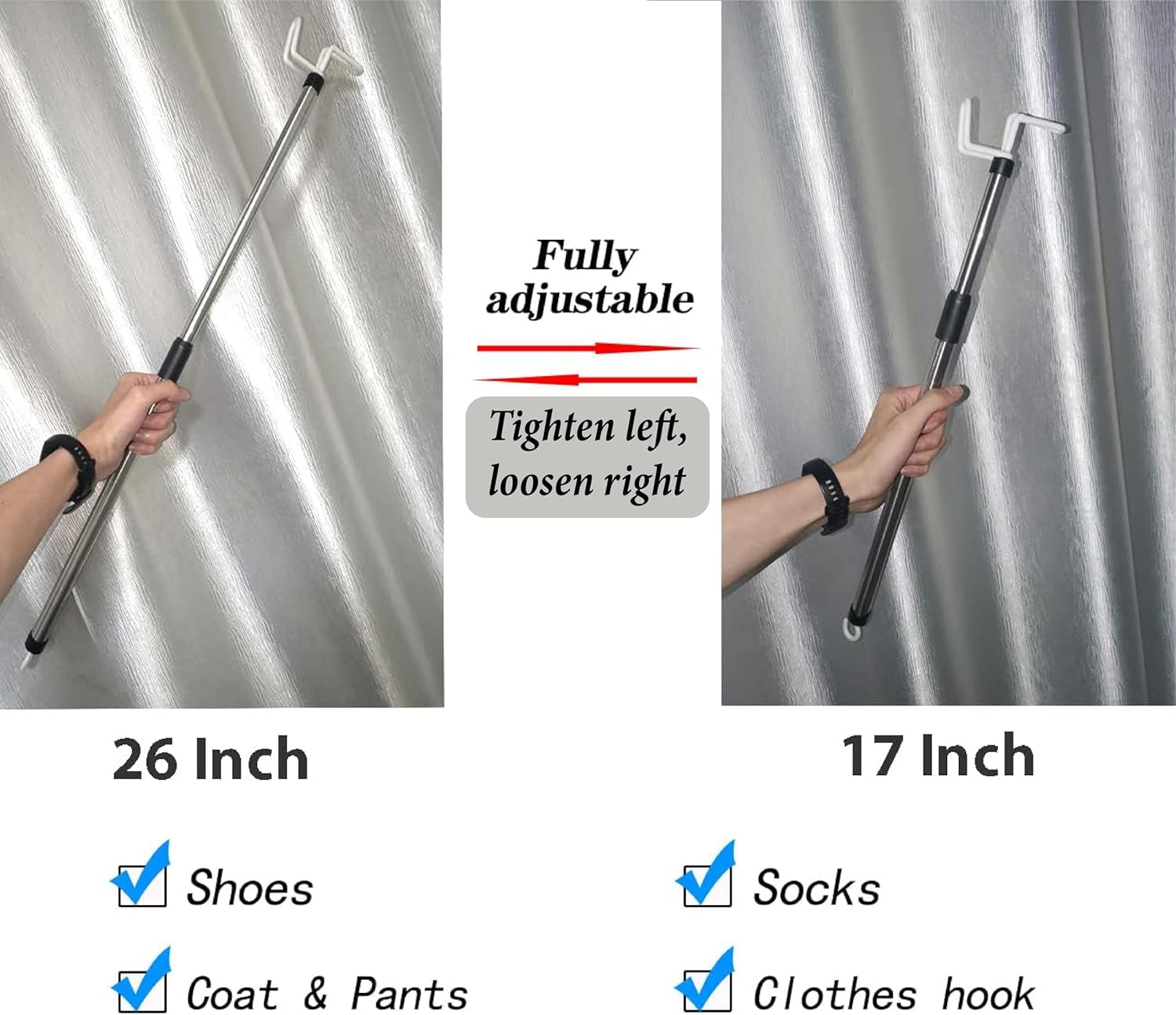 26 Inches Long Dressing Stick, Fully Adjustable Dressing Aid for Shirts, Shoes and Socks, Stainless Steel Material