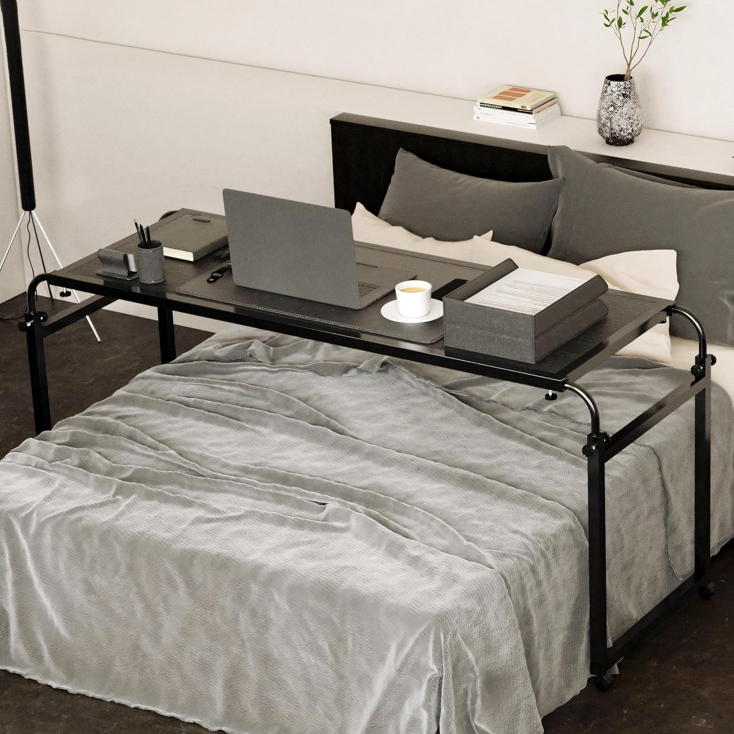 Overbed Table with Wheels Desk over Bed King Queen Laptop Wheels, Black