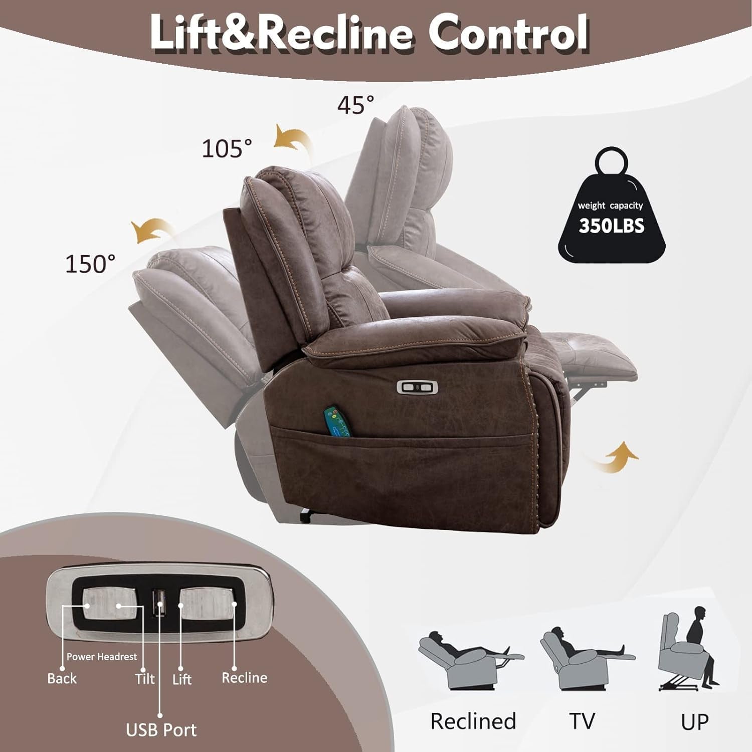 Faux Leather Power Lift Recliner with Massage & Heat for Elderly � Smoke Gray