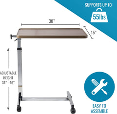 Tilt-Top Overbed Table, Bedside Table with Wheels, Hospital Bed Table, Bed Trays for Eating, Bed Trays, Rolling Tray Height 34"-46"