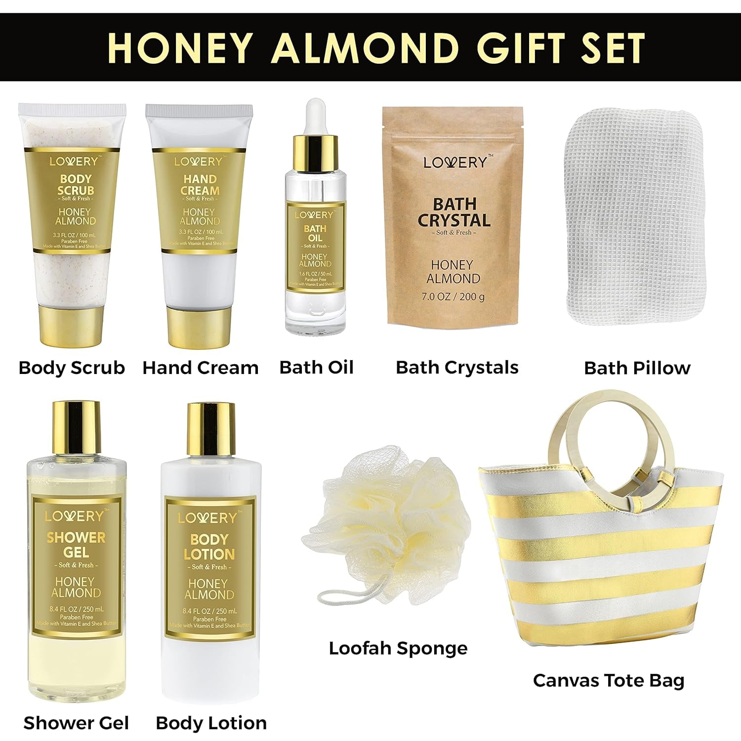 Honey Almond Bath & Body Set � Shower Gel, Lotion, Scrub, Hand Cream & Bath Pillow