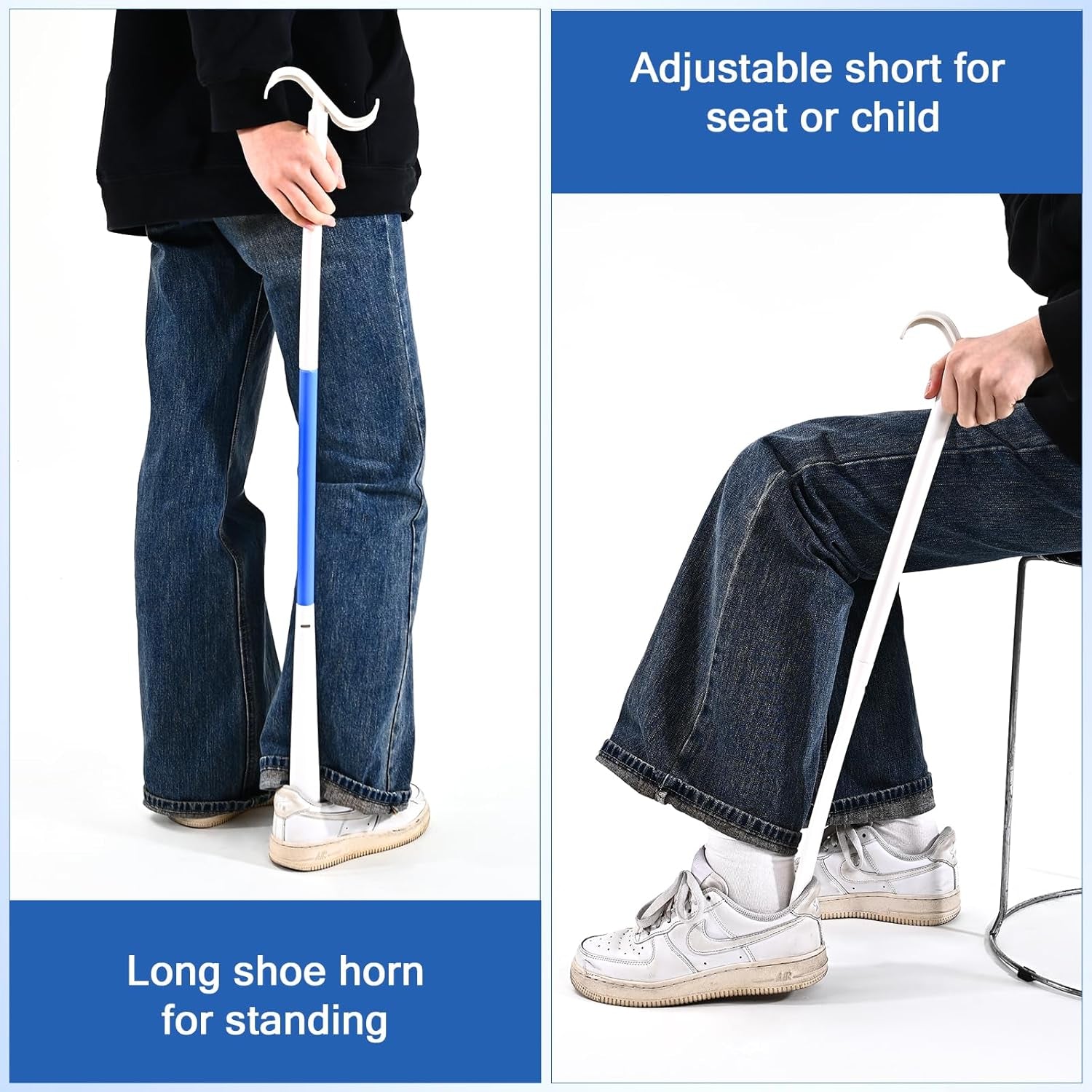 35" Long Dressing Stick with Shoe Horn with Sock Removal Tool, Adjustable Extended Dressing Aids for Shoes, Socks, Shirts and Pants White and Blue