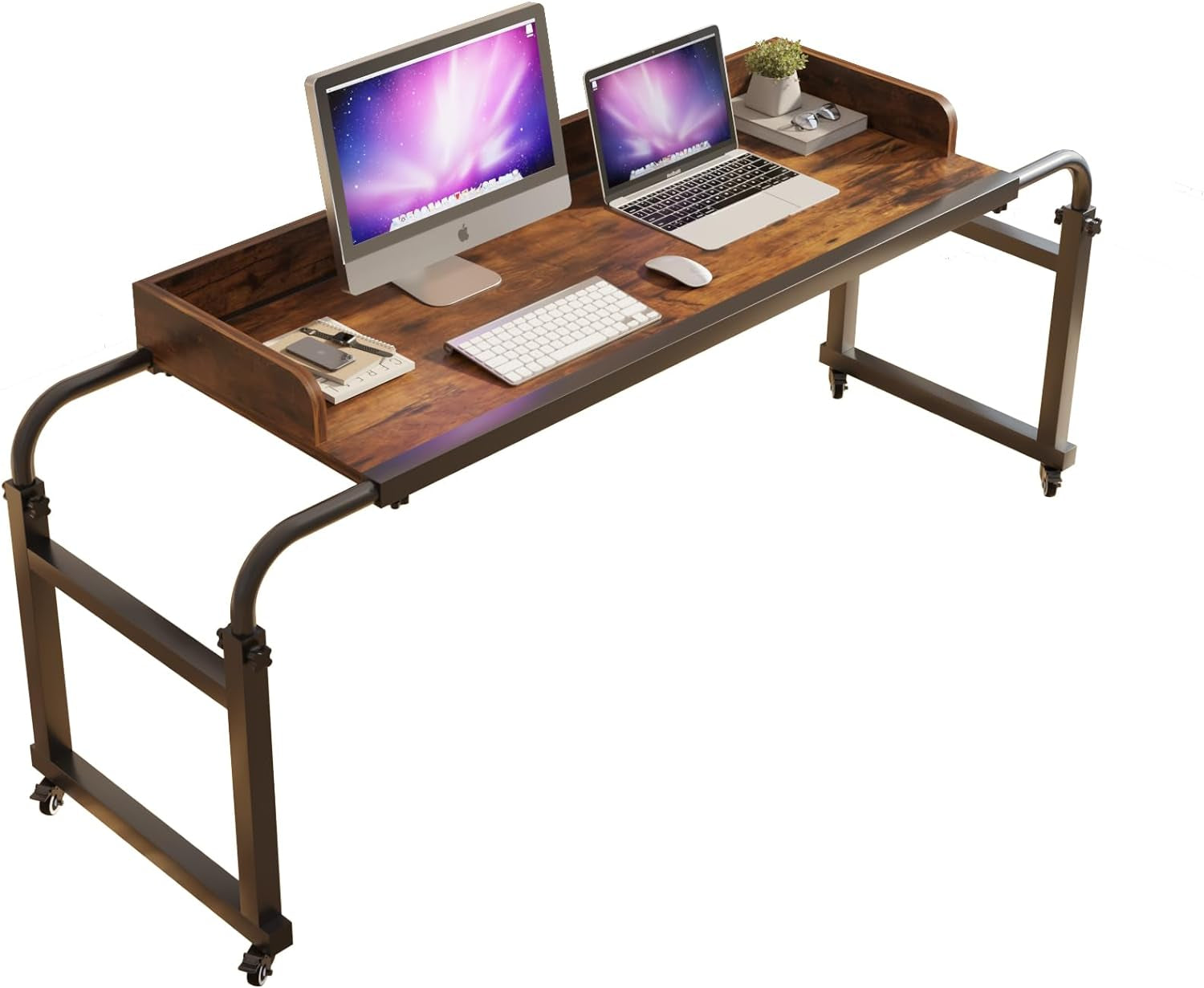 Overbed Table with Wheels, Modern Style, Brown, 55.1-82.7X25.6X18.1 Inches, 350Lbs Weight Capacity