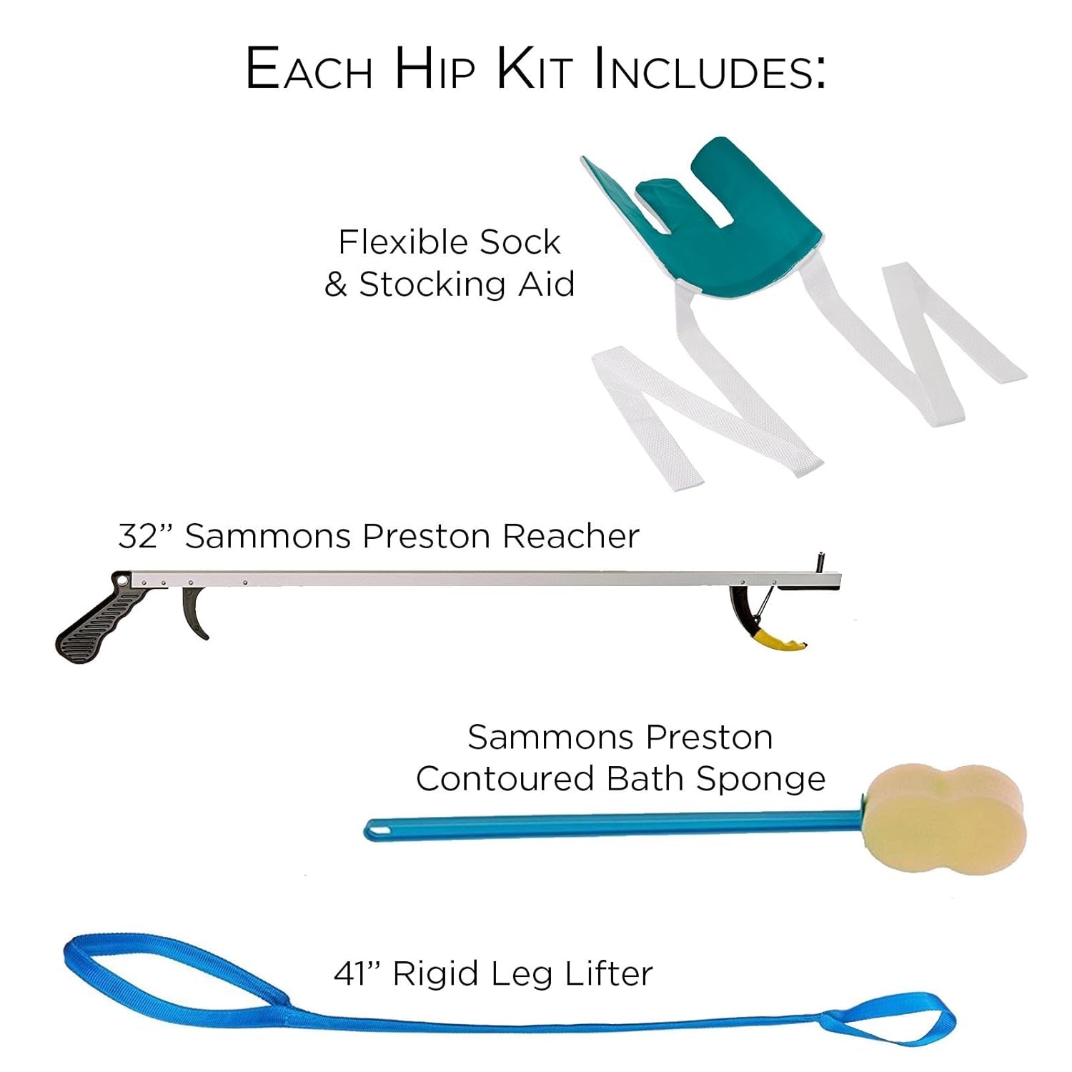 Hip Kit 9, Four Essential Assisted Daily Living Aids for Limited Mobility, Includes 32" Reacher Claw, Flexible Sock Aid, Rigid Leg Lifter, and Contoured Bath Sponge with Long Handle