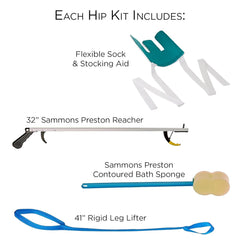 Hip Kit 9, Four Essential Assisted Daily Living Aids for Limited Mobility, Includes 32" Reacher Claw, Flexible Sock Aid, Rigid Leg Lifter, and Contoured Bath Sponge with Long Handle