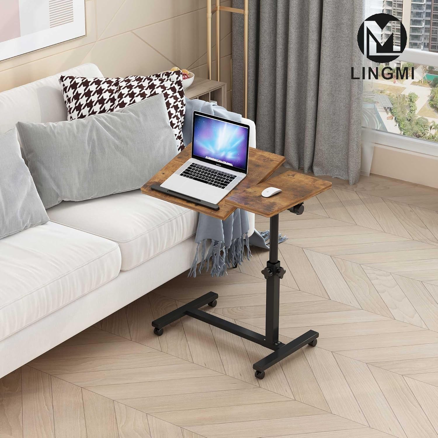 Overbed Bedside Desk Mobile Rolling Laptop Stand Tilting Overbed Table with Wheels Height Adjustable Tray Table for Laptop Bed Sofa Side Table