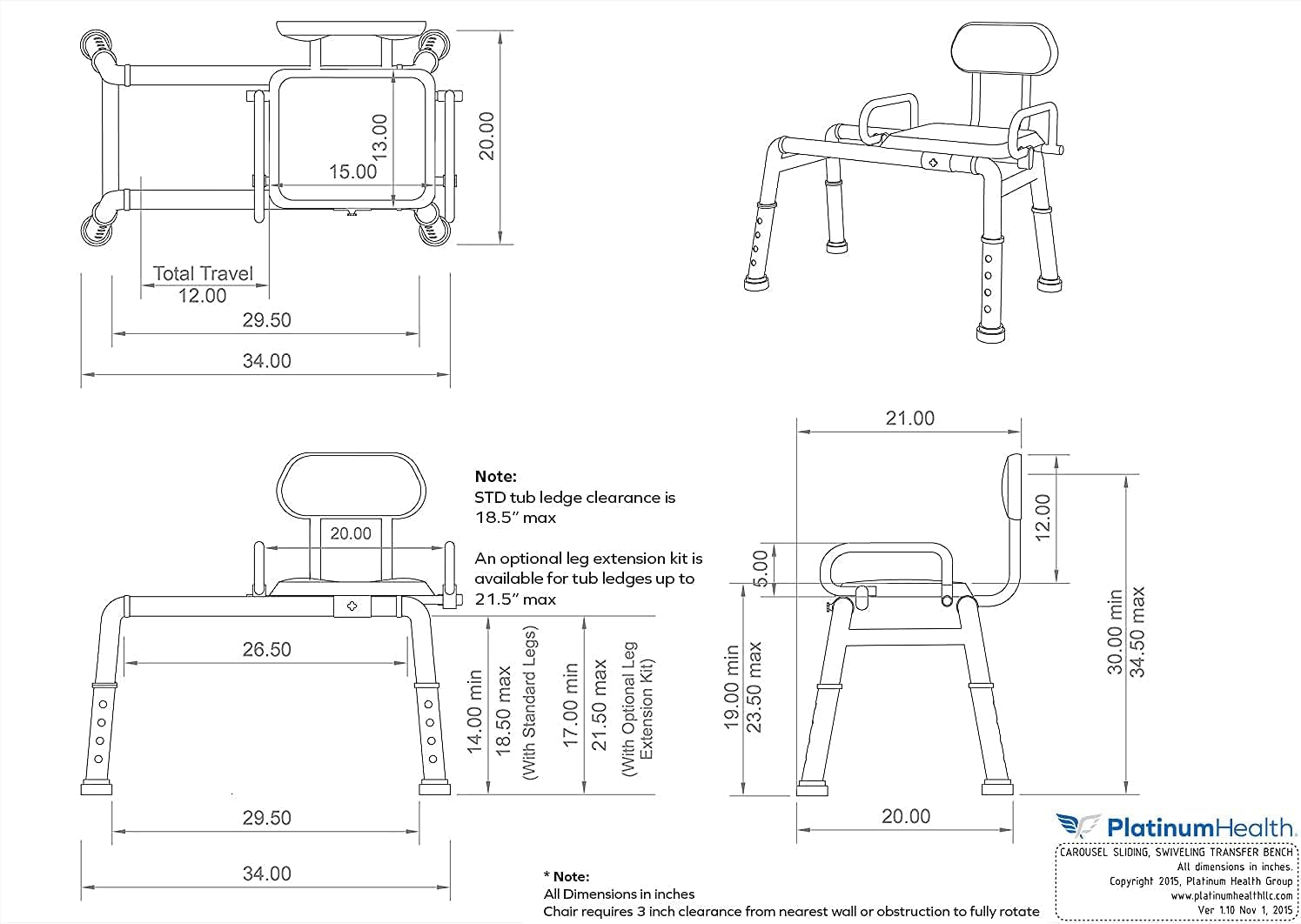 Carousel Sliding Shower Chair Tub Transfer Bench with Swivel Seat, Premium Padded, Pivoting Arms, Adjustable Space Saving Design for Tubs, inside Shower, for Handicap & Seniors, Blue