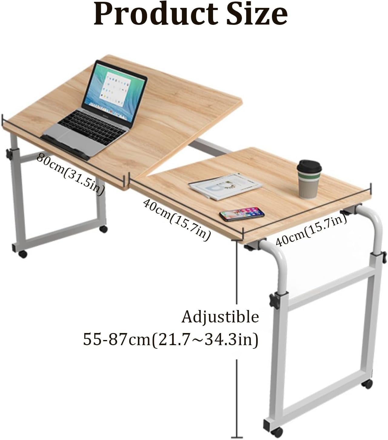 Adjustable Height Overbed Table with Wheels-Versatile over the Bed Desk for Eating, Working or Reading,Mobile Computer Table and Bed Table,Wood Color