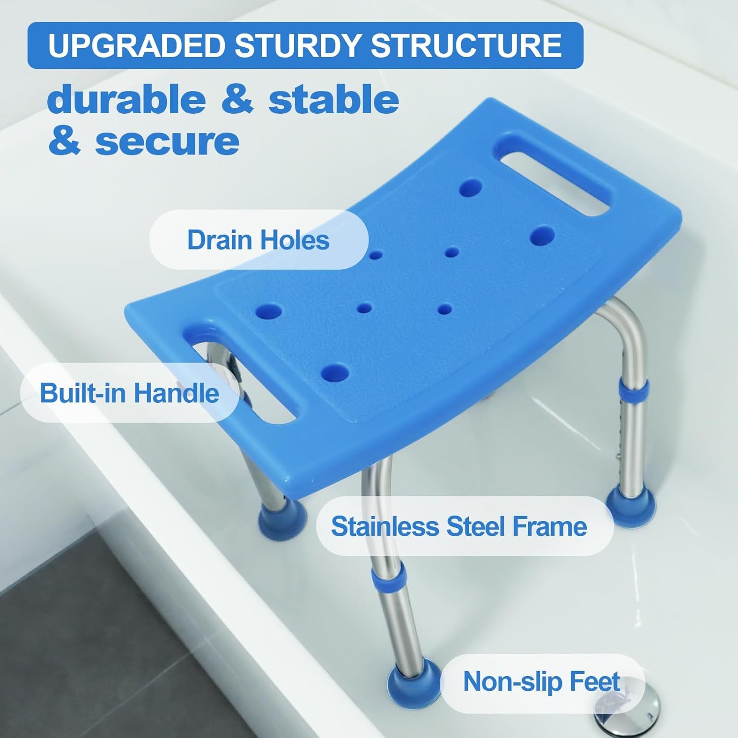 FSA/HSA Eligible Upgraded Heavy Duty Stainless Steel Shower Chair Seat, 400Lbs Adjustable Shower Stool W/Assist Grab Bar/Padded,Blue Bath Seat Chair,Tool-Free Shower Seat for inside Bathtub by