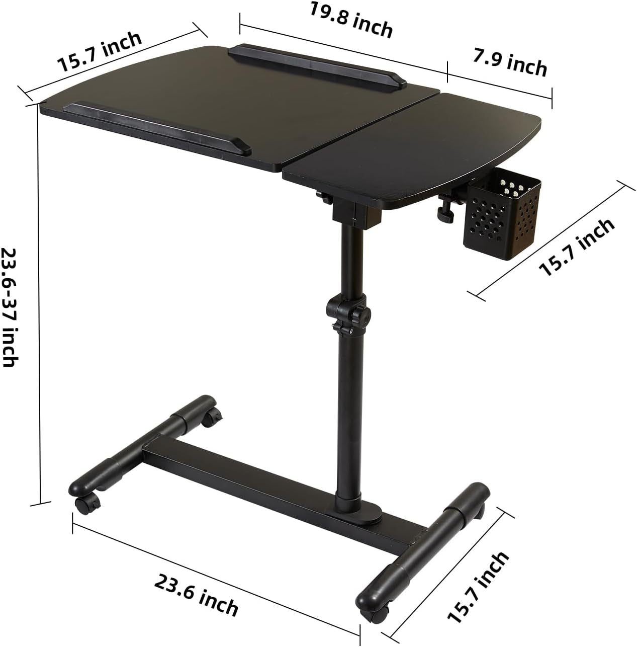 Tilting Overbed Table with Wheels,Height Adjustable over Bed Bedside Desk with 2 Tilting Desktops, Mobile Laptop Table Stand Desk Rolling Computer Cart Medical for Hospital Home Sofa (Black)