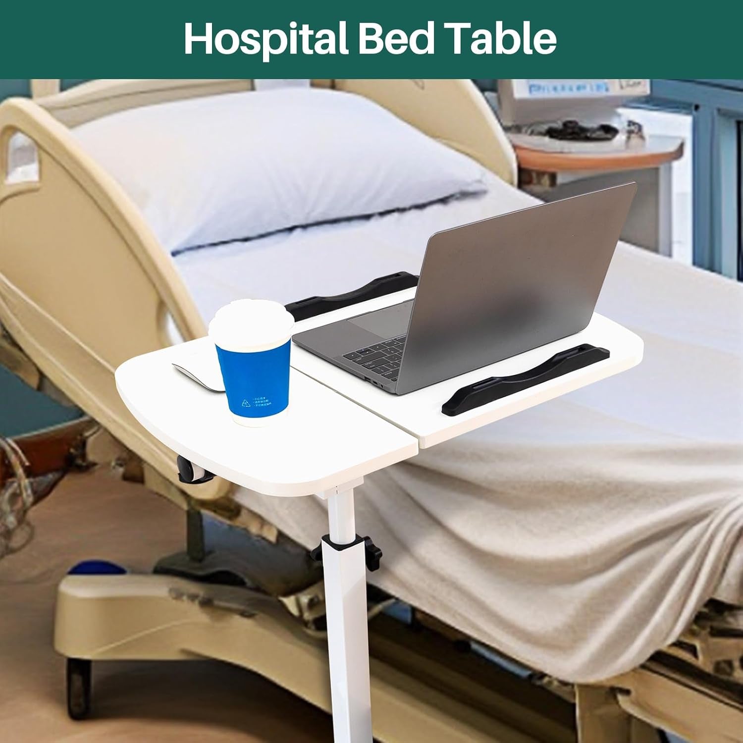 Overbed Bedside Table with Wheels, Adjustable Overbed Table with Tilting Desktops, Rolling Laptop Table, Overbed Desk, Hospital Bed Table, Mobile Standing Desk for Laptop Bed Sofa Side Table (White)