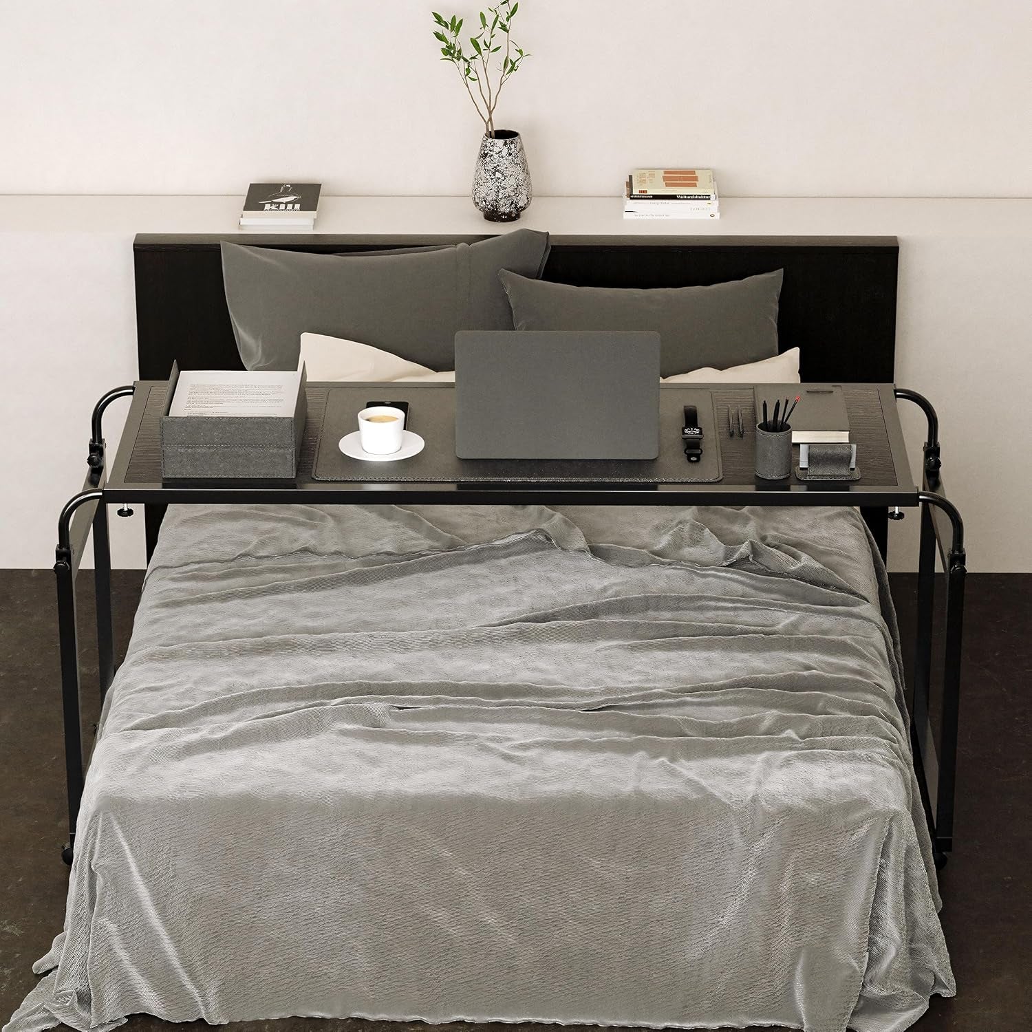 Overbed Table with Wheels Desk over Bed King Queen Laptop Wheels, Black