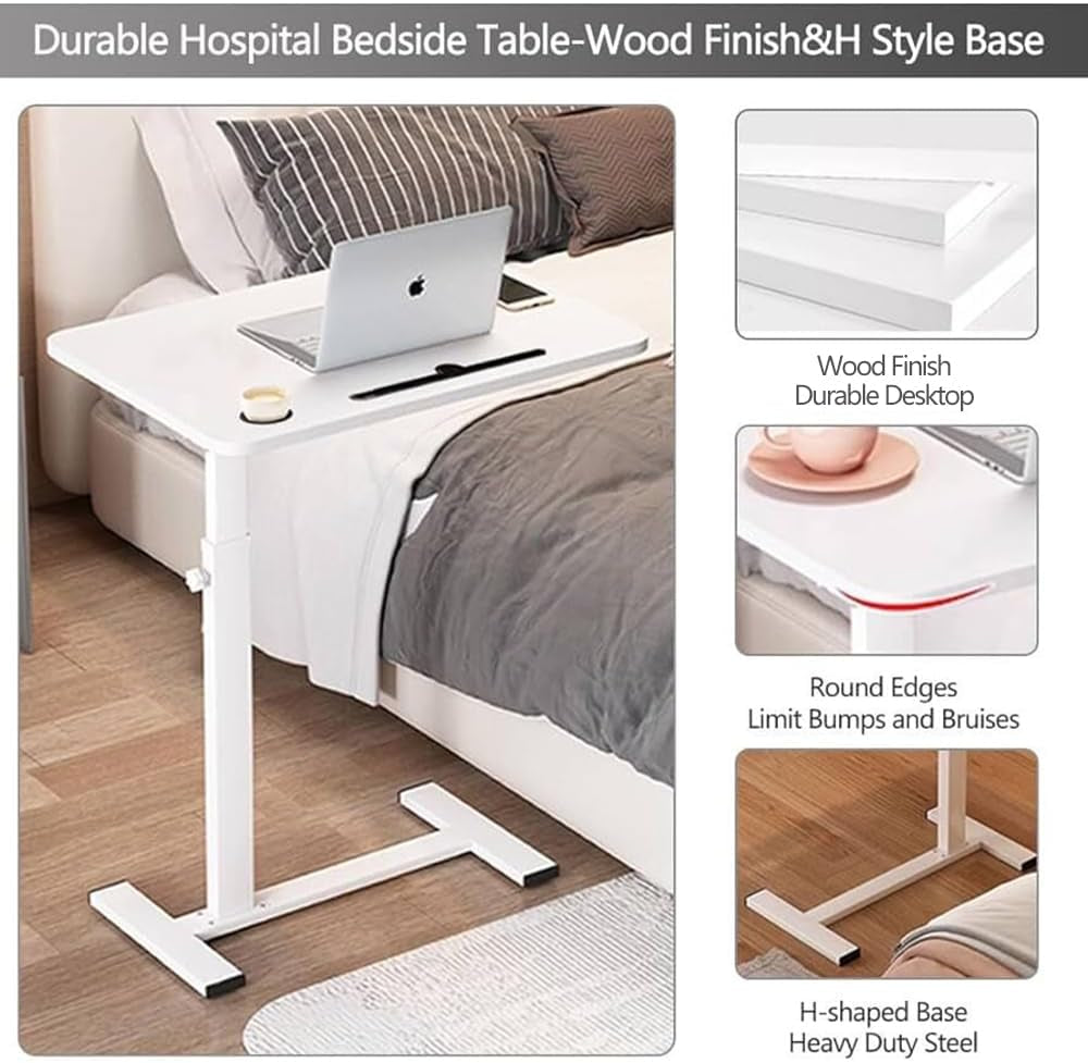 Overbed Table,Hospital Bed Table,Over the Bed Table with Hidden Wheels&Cup Holder,Adjustable Bedside Table and Rolling Bed Table Tray&Laptop Cart,Hospital Table over Bed for Home Use-White