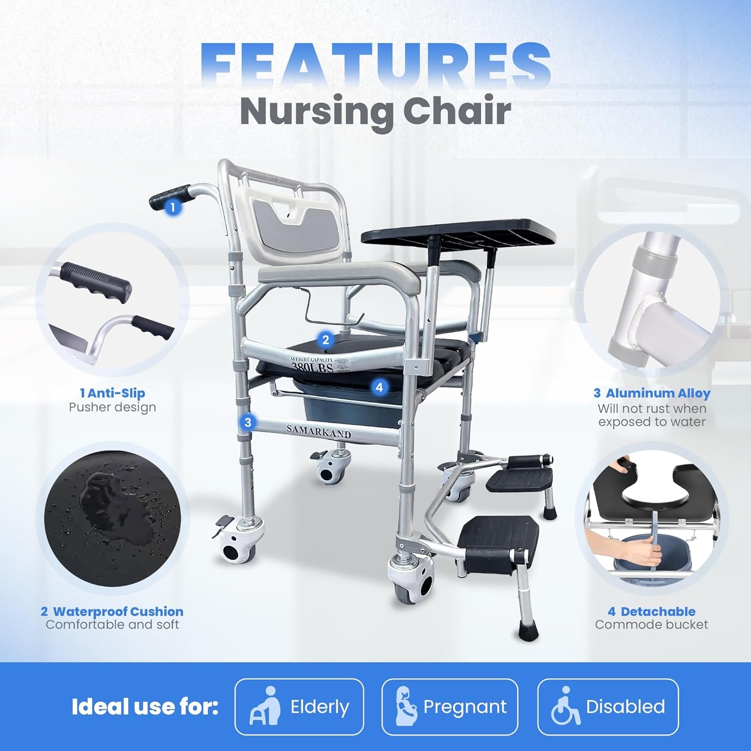 Shower Chair with Wheels & Tray - 3-In-1 Commode