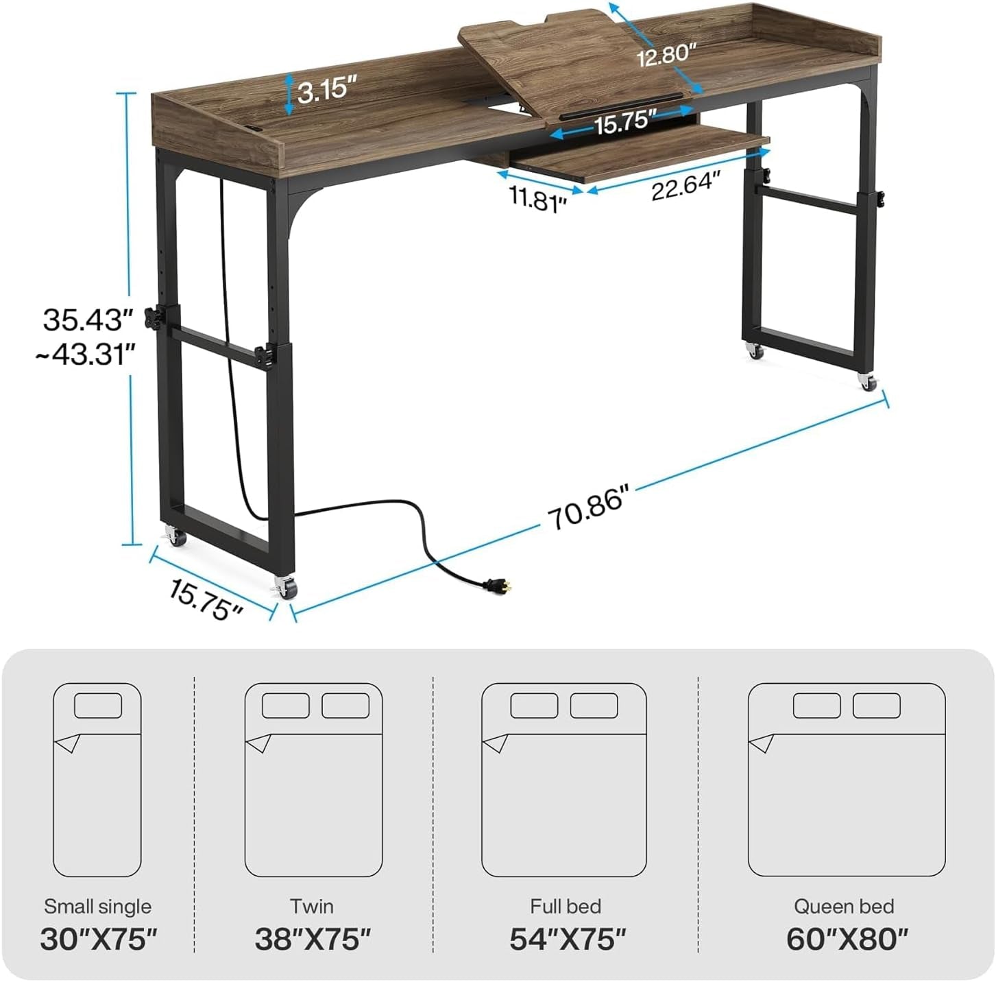 Overbed Table with Wheels Adjustable Height, Portable Rolling Table with Outlets & USB Ports for Queen Bed, Giant Computer Desk with Tilt Stand