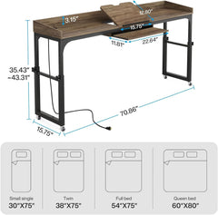 Overbed Table with Wheels Adjustable Height, Portable Rolling Table with Outlets & USB Ports for Queen Bed, Giant Computer Desk with Tilt Stand