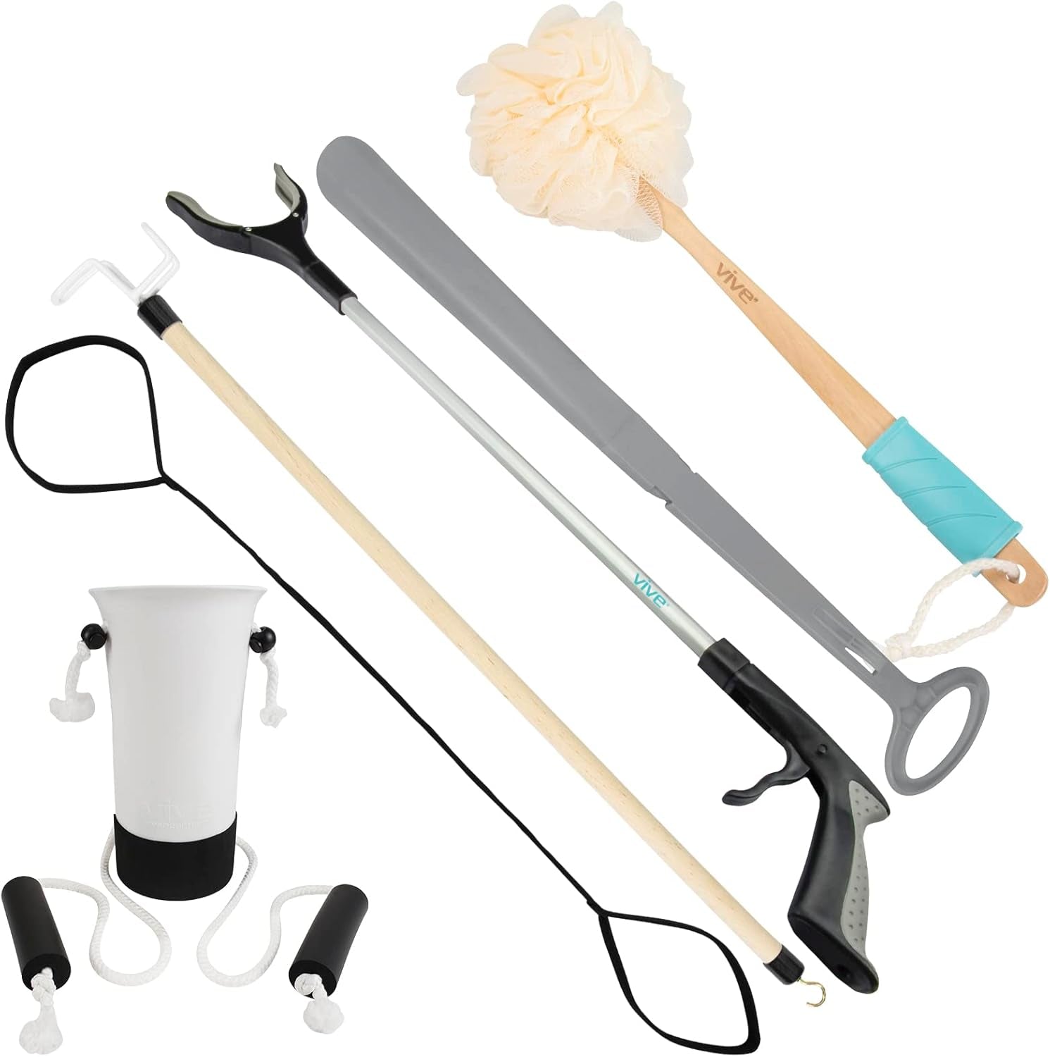 Hip and Knee Replacement Kit (6 Pcs) - after Surgery Recovery Set for Seniors - Handicap Aid, Leg Loop Lifter, Reacher Grabber, Long Handle Shoe Horn, Shower Loofah, Sock Assist, Dressing Stick