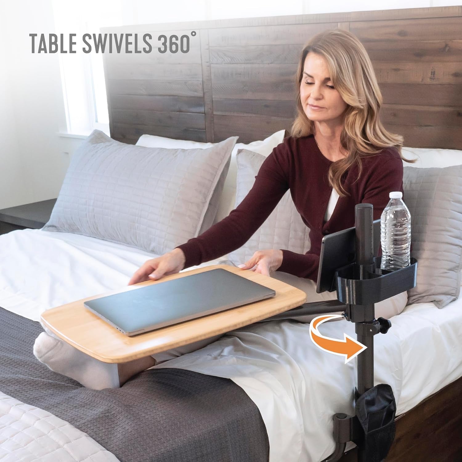 EZ Swivel Overbed Table, Adjustable Medical Lap Desk and Large Bedside Table with Cup Holder, Tablet Holder & Organizer Pouch, 360 Degree Swivel Tray & Laptop Computer Desk for Home Beds