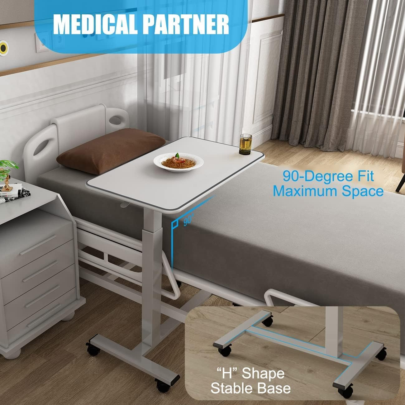 Overbed Table Height Adjustable Pneumatic Hospital Bed Table with Lockable Wheels Rolling Bedside Table Standing Desk Bed Table for Home Office Height 29"-44"