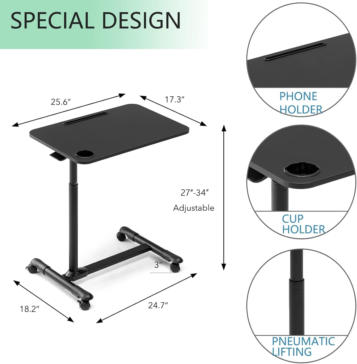 Overbed Table with Wheels, Rolling Tray Table, Hospital Bed Table, Adjustable Overbed Bedside Rolling Laptop Table (Black)