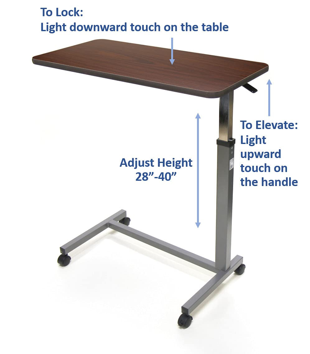 6417 Hospital Style Overbed Table with Auto-Touch Adjustable Height and Wheel for Beds and Bedside, Brown, 0.75" Height, 15" Width, 30" Length