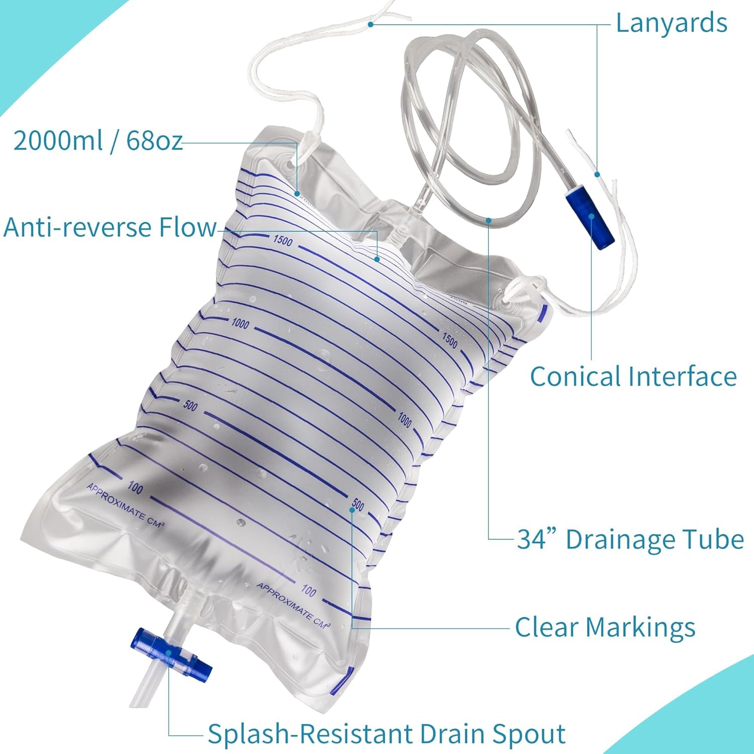 10 Pack 2000Ml Urinary Drainage Bags with Anti-Reflux Valve