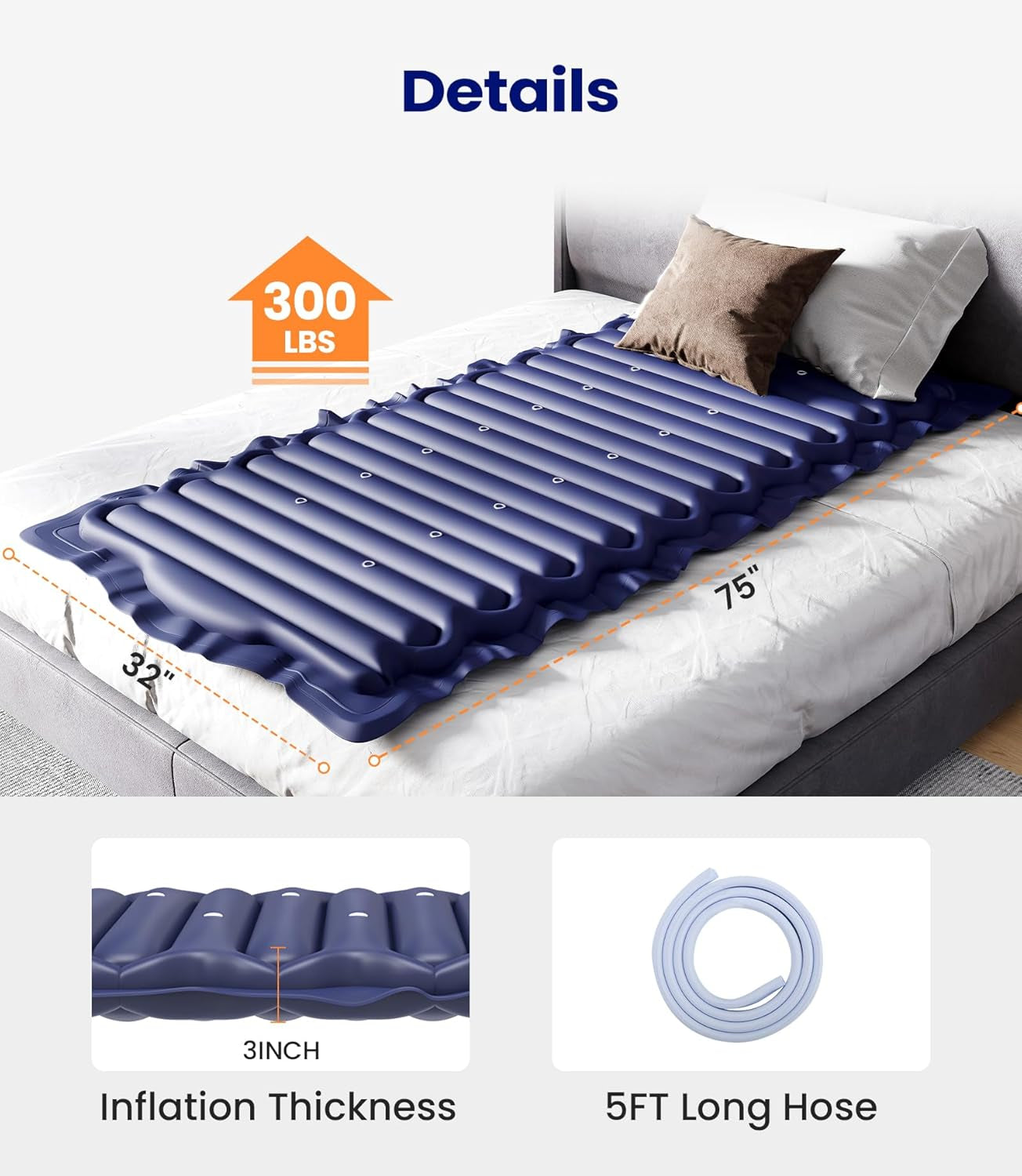 Alternating Air Pressure Mattress Pad, Bed Sore Prevention Solution Mattress Topper with 6-Setting Pump, Waterproof Pressure Ulcer Cushion Pad for Hospital Beds and Home (S12VA, Blue)