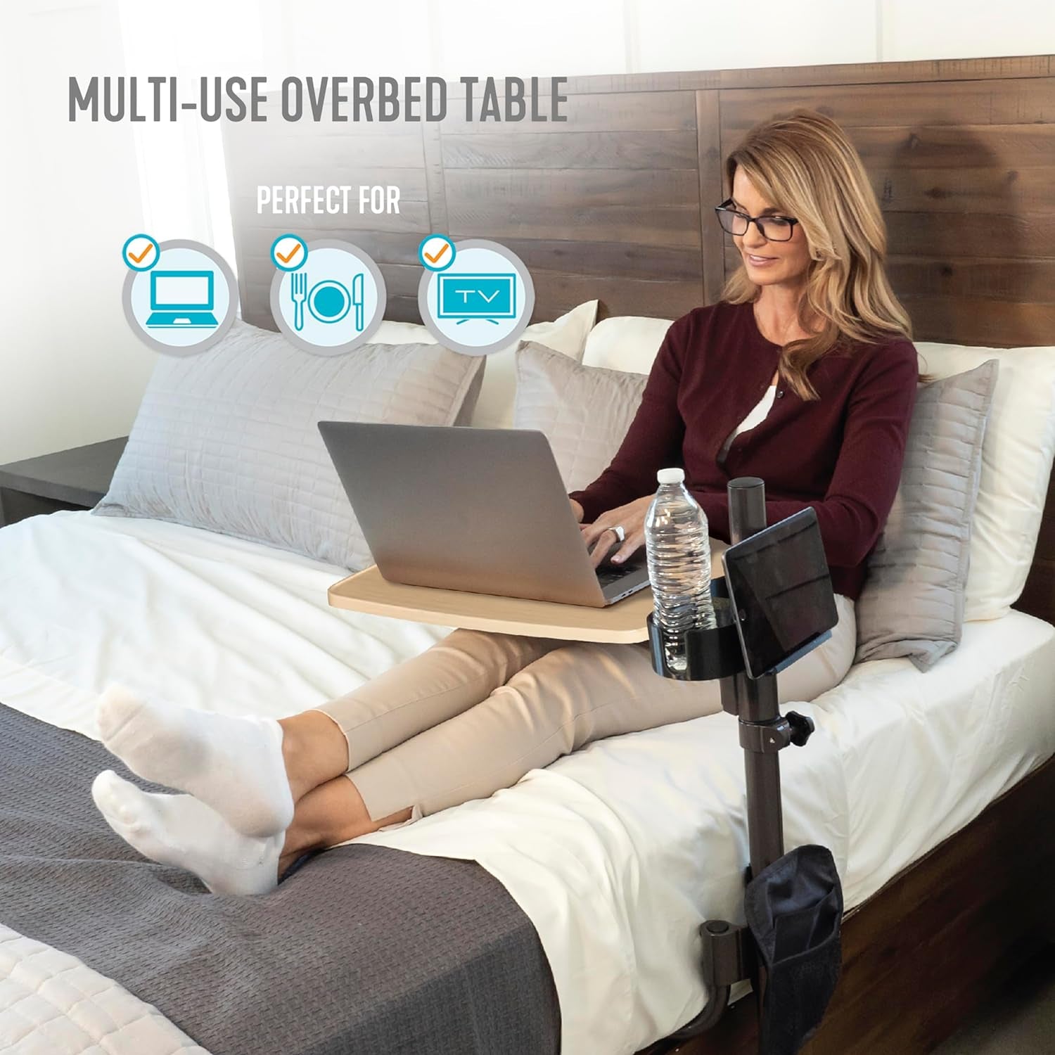 EZ Swivel Overbed Table, Adjustable Medical Lap Desk and Large Bedside Table with Cup Holder, Tablet Holder & Organizer Pouch, 360 Degree Swivel Tray & Laptop Computer Desk for Home Beds