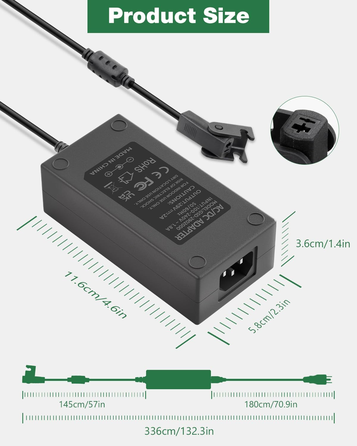 Recliner Power Supply 29V 2A with Y-Split Extension Cord