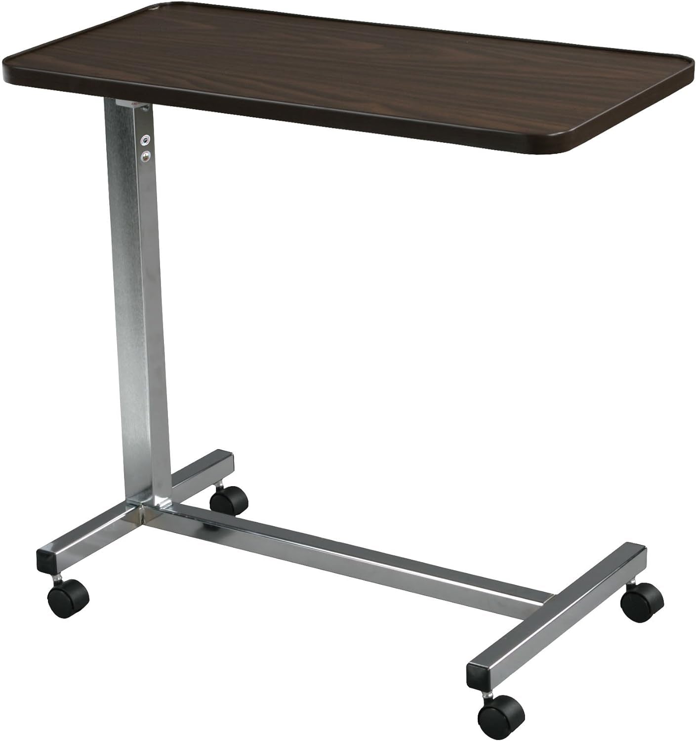 13067 Non Tilt Top Overbed Table with Wheels, Bedside Table, Adjustable Overbed Rolling Table, Adjustable Standing Desk or Hospital Tray Table with Secure Height Adjustment, Silver Vein