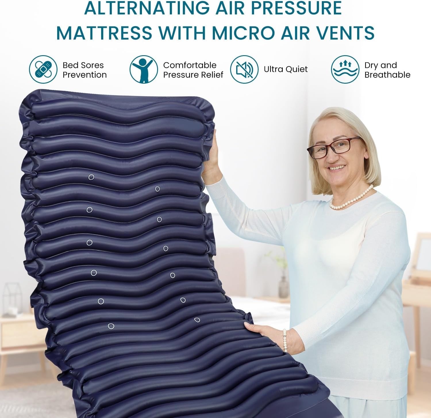 Alternating Air Pressure Mattress Pad with Micro Air Vents for Bedsore Prevention, with Whisper Quiet Pump, Waterproof Pressure Relief Ulcer Cushion Pad for Bed Sores for Hospital Bed Home Bed