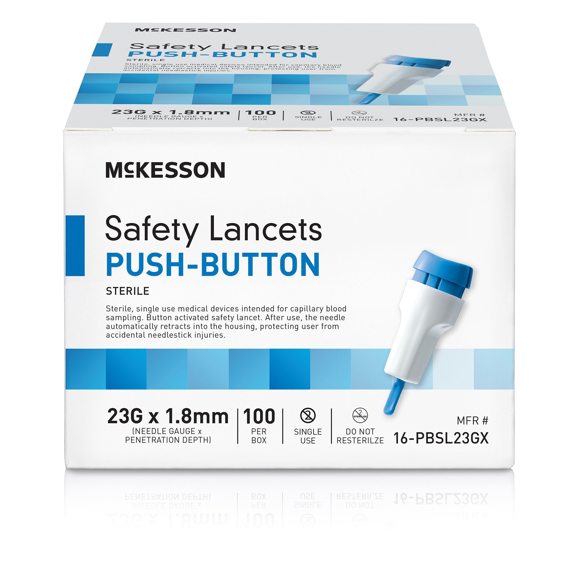 LANCET, SAFETY PUSH-BUTTON 23GNDL 1.8MM LF BLU (100/BX 20BX)