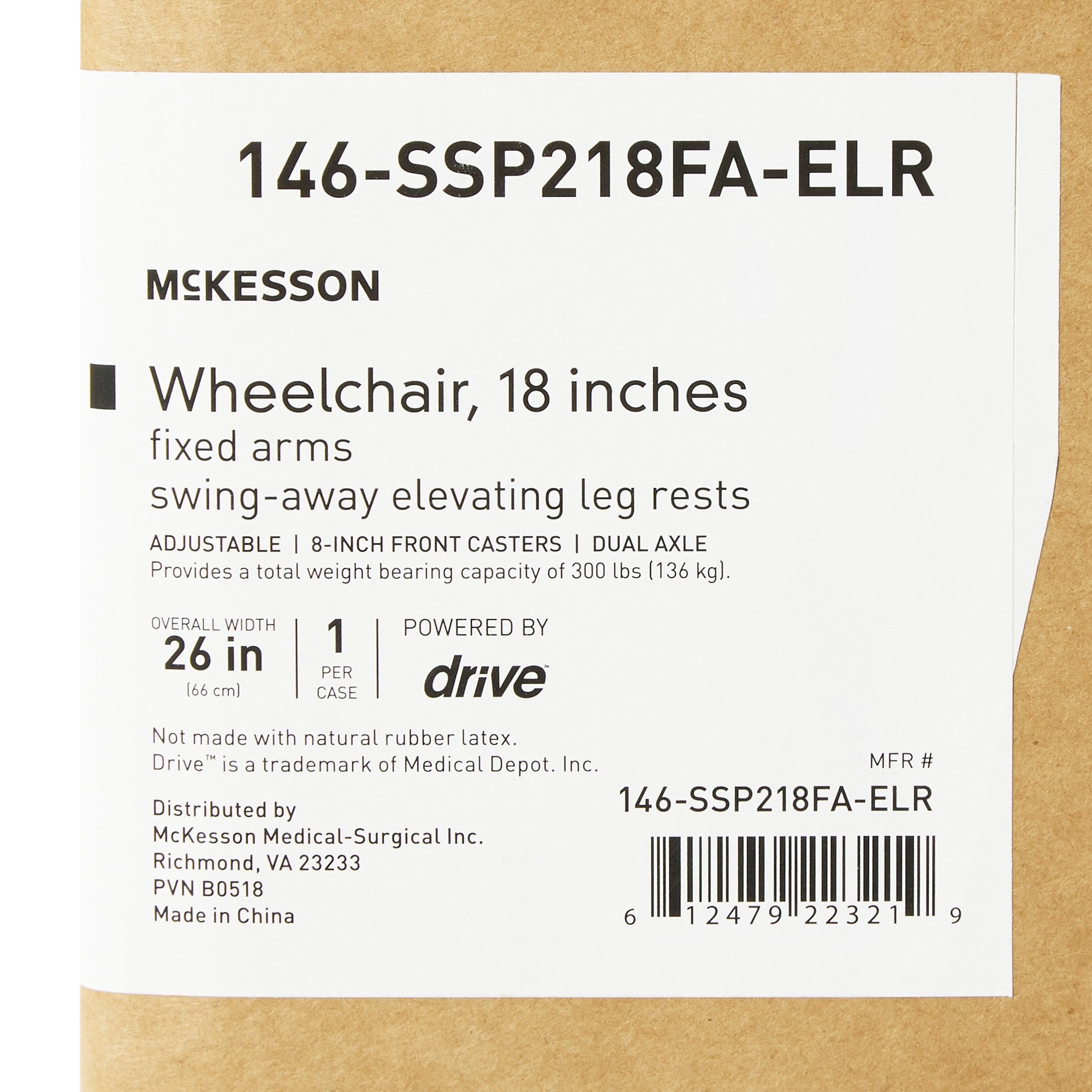 WHEELCHAIR, FA ELR 18" 300LBS