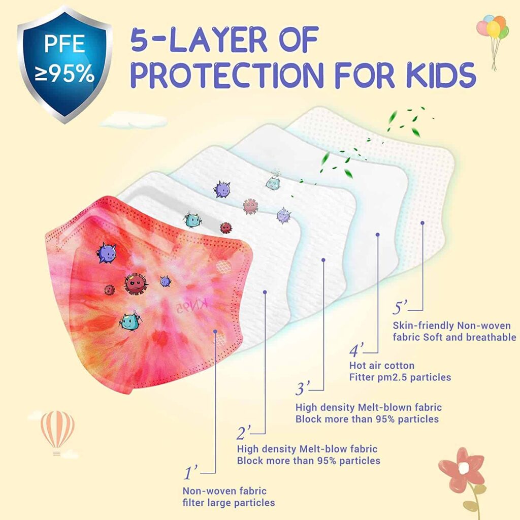 KN95 Face Mask for Kids 50 Pack, 5-Layer Assorted Tie Dye Disposable Face Masks for Children with Adjustable Earloops 7
