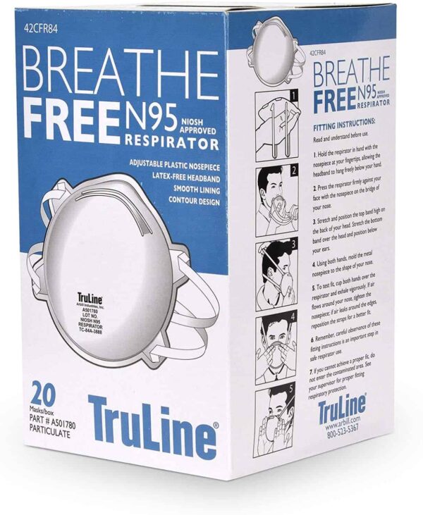 Truline N95 Breathe Free Respirator Face Protection | White | Adjustable Nose Clip | Reinforced Outer Shell | Foam Liner | Non-Irritating Inner Face Piece (Box of 20) 15