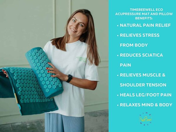 TimeBeeWell Eco-Friendly Back and Neck Pain Relief - Acupressure Mat and Pillow Set - Relieves Stress, Back, Neck, and Sciatic Pain - Comes in a Carry Bag for Storage and Travel 1