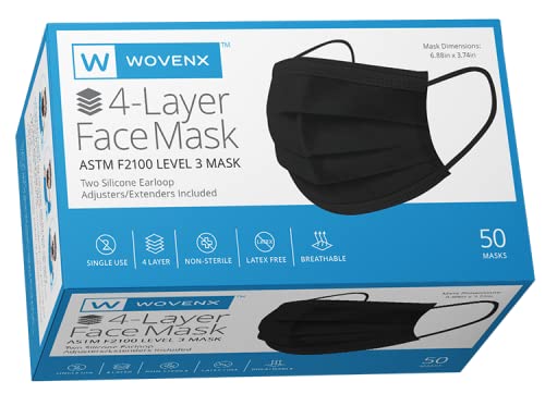 Wovenx, ASTM Level 3 Black Face Mask, 4 Ply, Box of 50 (Black), 4 Layer 4