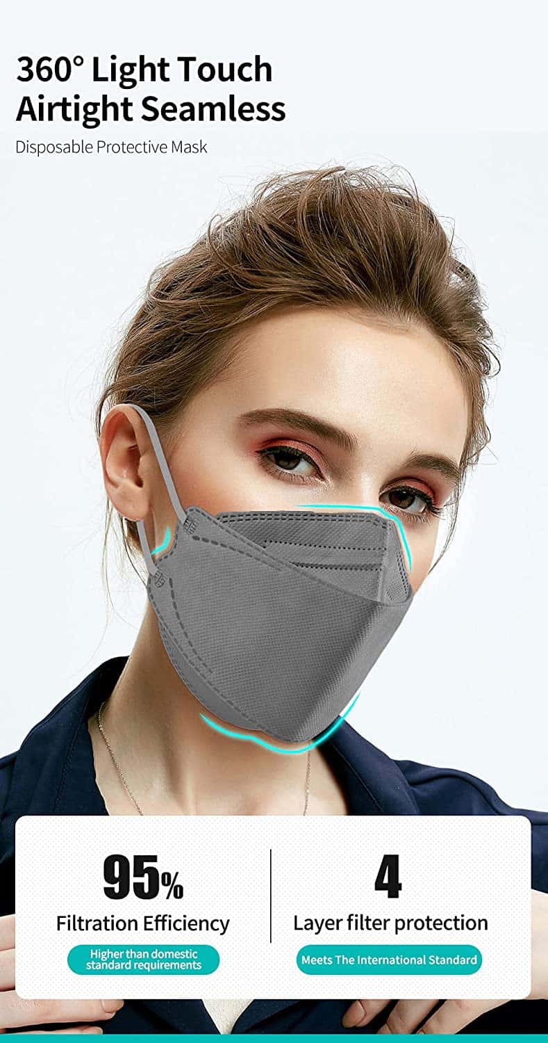 KF94 Face Mask Grey , 4 Layer Protective Fish Type Masks for Adult 3D Mouth Shields with Elastic Earloop and Nose Clip 50PCS 3