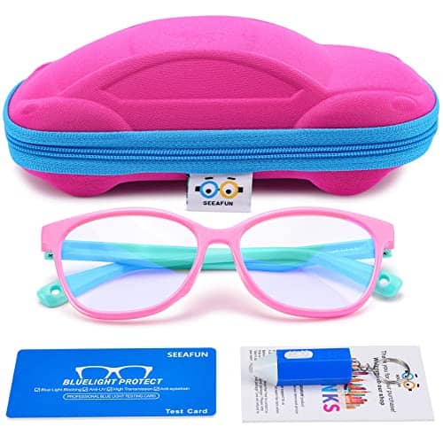 Blue Light Glasses for Kids Girls Boys with Cute Car Case, UV400 Protection, Anti Blue Ray Age3-12 Computer Game Glasses